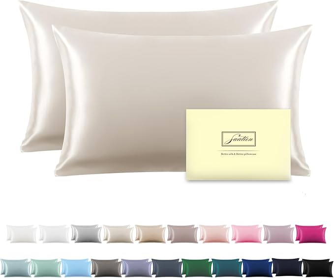 Silk Pillow Cases 2 Pack Soft Breathable and Sliky Queen Size Pillow Cases Set of 2,Natural Mulberry Satin Silk Pillowcase with Hidden Zipper for Hair and Skin (Beige,20"X 30",2pcs)