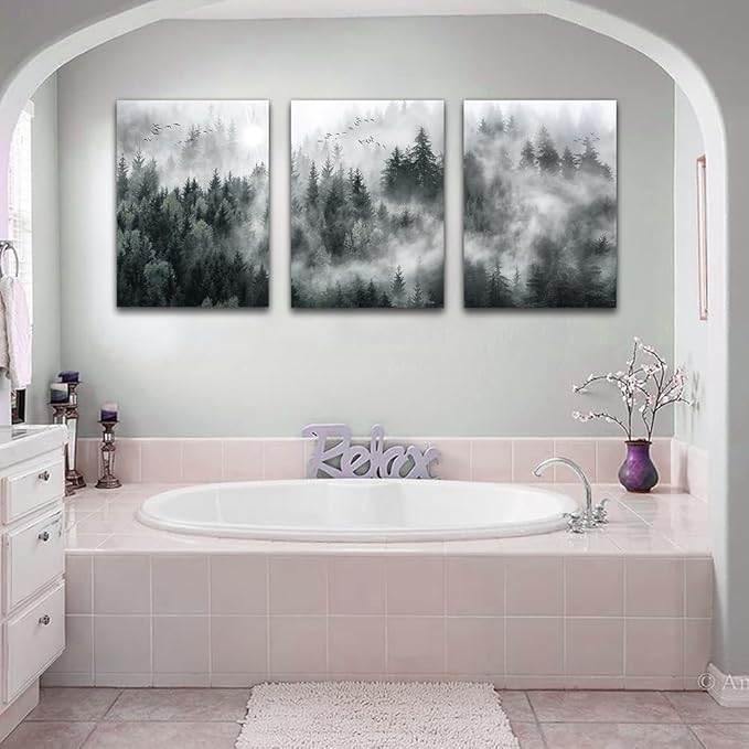 DZRWUBHS 3 Pieces Wall Decor Living Room Canvas Wall Art For Bedroom Office Decoration Foggy Forest Trees Scenery Wall Painting Landscape Wall Pictures Prints Artworks Ready To Hang Room Home Decor