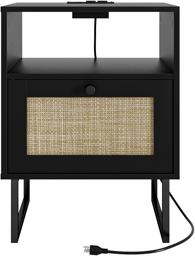 Rattan Nightstand with Charging Station, Boho Night Stand Farmhouse Wood Bedside Table with Storage and Open Shelf, End Side Accent Table for Bedroom,Living Room,Black