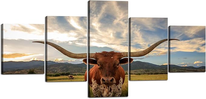 Modern Longhorn Wall Decor Artwork Longhorn Steer in Rural Utah Picture Prints on Canvas Wall Art Modern Animal Giclee Artwork Stretched and Framed Ready to Hang for Home Decor - 50''W x 24''H