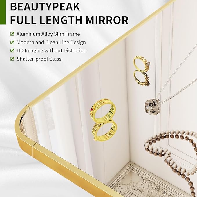 BEAUTYPEAK 59"x16" Mirror Full Length, Standing or Leaning Rounded Corner Full Body Floor Mirror with Metal Framed,Suitable for Living Room or Bathroom,Gold