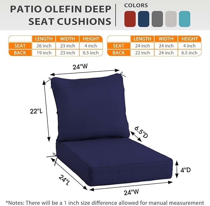 Sundale Outdoor Olefin Deep Seat Cushion Set of 2, Patio Chair Cushion and Pillow, Water-Resistant Sectional Sofa Pad with Straps Navy Blue, 24 x 24 x 4 Inches