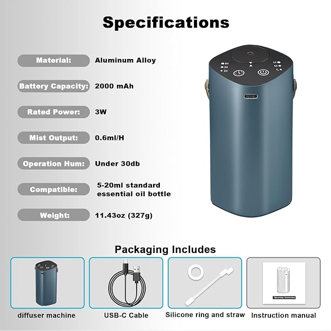 Waterless Essential Oil Diffuser for Car & Home，Aromatherapy Diffuser with 4 Timer（1/3/6/Off,3 Mist Mode,Battery Operated, Scent Air Diffuser for Bathroom Office, Small Aroma Diffuser Greyblue