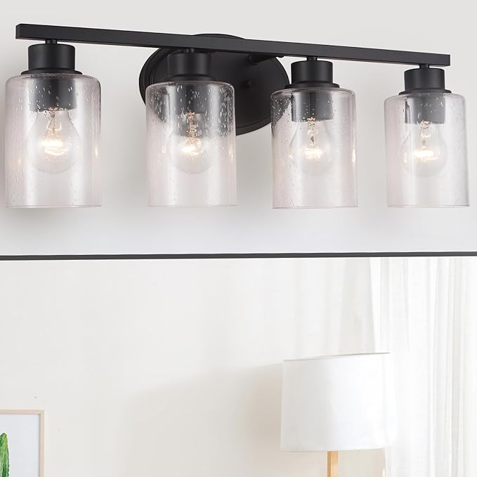Modern Matte Black Bathroom Vanity Light Fixtures, 4-Light Clear Seeded Glass, Rustproof Wall Mount