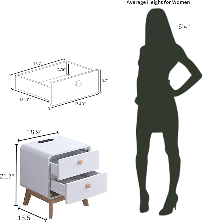 Aries Set of 2 Nightstands with Charging Station, 2 Drawer Bedside Tables with Storage, Night Stands for Bedroom, End Table or Side Table for Living Room, 15.7" x 18.9" x 21.7", White