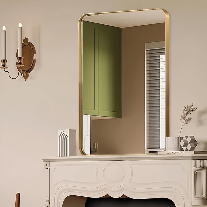 40x30 Inch Rectangle Bathroom Mirror, Brushed Gold Vanity Mirrors for Wall, Metal Frame Wall Mirror, Vanity Mirror with Round Corner for Bedrooms, Entryways, Living Rooms, Horizontal/Vertical