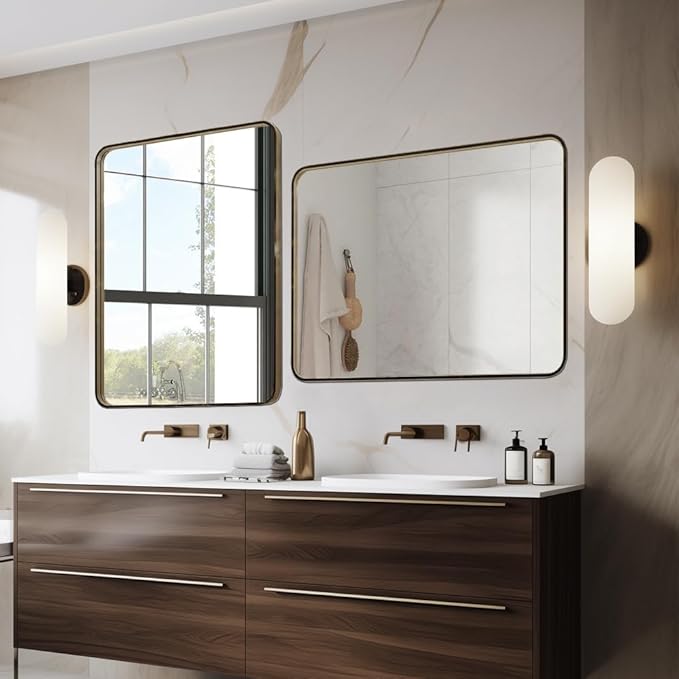 Bronze 48x32 Inch Metal Framed Mirror for Wall, Large Rounded Rectangle Mirror, Anti-Rust, Tempered Glass, Hangs Horizontally or Vertically