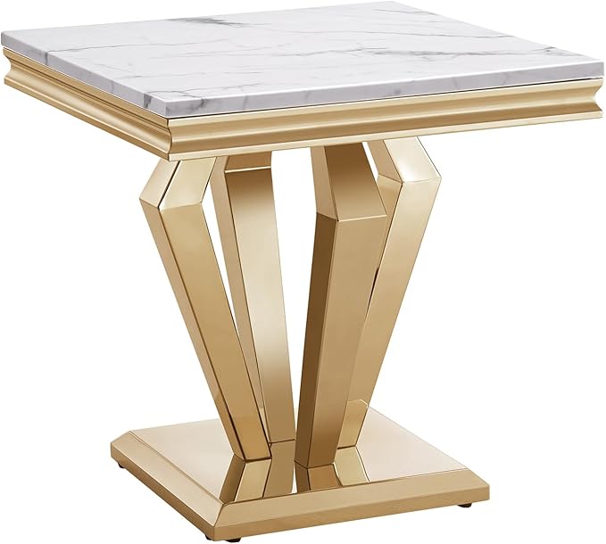 SSLine Modern White Faux Marble End Table Luxury Square Sofa Side Table with Gold Diamond Base Mid-Century Elegant Bedside Table w/Mirrored Stainless Steel Frame for Living Room Bedroom