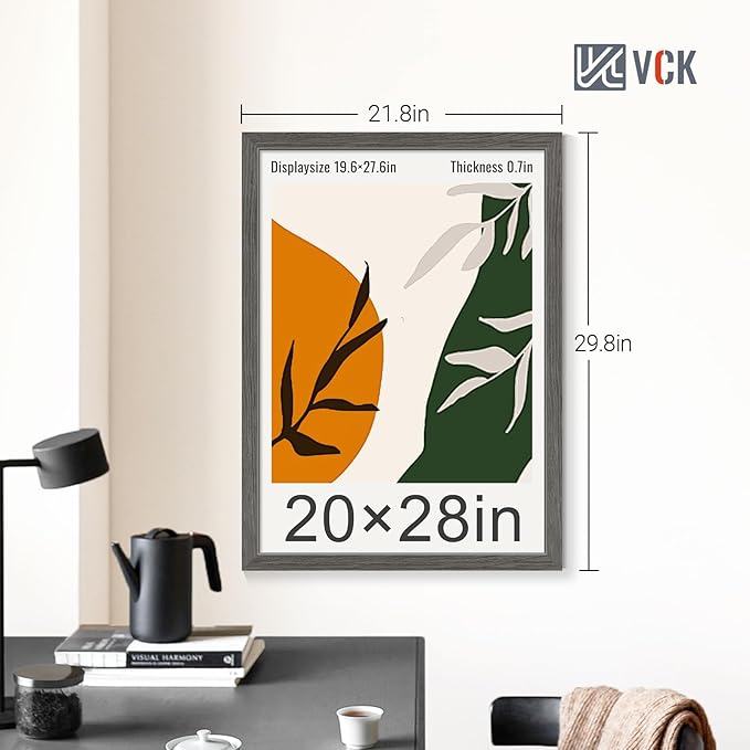 VCK 20x28 Picture Frame Set of 4 - Grey, Gallery-Quality Wood Poster Frames, 1.1-Inch Wide Border, Polished Plexiglass, Vertical or Horizontal Wall Display for Photo/Art/Prints, Grey