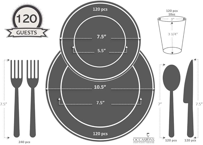 " OCCASIONS " 960pcs set (120 Guests)-Heavyweight Wedding Party Disposable Plastic Plate Set -120 x 10.5'' + 120 x 7.5'' + Silverware + Cups +linen like paper Napkins (Plain Ivory)