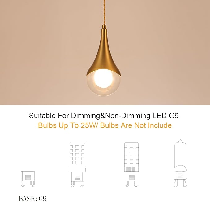 MWZ Gold Plug in Pendant Light,Hanging Lights with Plug in Cord On/Off Switch, Mini Brass Pendant Lights for Kitchen Island,Modern Raindrop Lamps Fixture with Globe Glass Shade for Bedroom