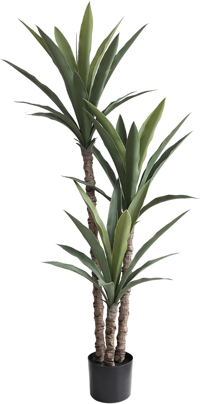 momoplant Artificial Agave Tree 4.5Ft Faux Agave Plant with 3 Heads Silk Faux Tree in Plastic Pot for Home Garden Office Decor