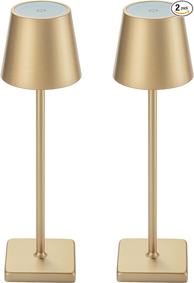 2 Pack Rechargeable Cordless Table Lamps, 5200mAh Battery Touch Table Light, Aluminum Shell Stepless Dimmable Portable LED Desk Lamp for Dinner/Restaurant/Outdoor Gold