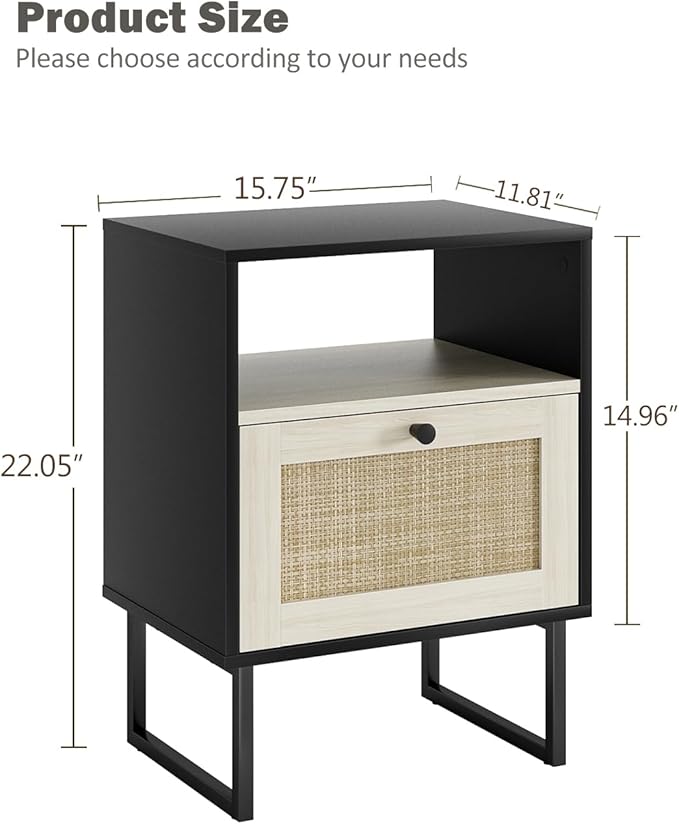 Rattan Nightstand, Boho Night Stand Farmhouse Wood Bedside Table with Storage and Open Shelf, End Side Accent Table for Bedroom,Living Room,Black and Oak