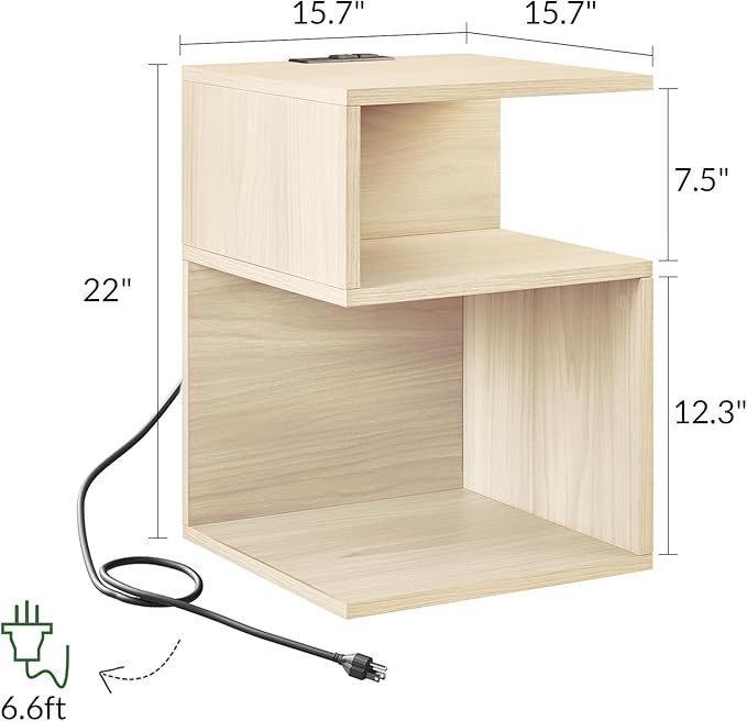 Tokyo S Minimalist 3 Tier End Table with Fast Charging Station - USB C Cable Wood Nightstand for Small Spaces with Open Storage Bedside Table for Bedroom (Natural w/Charging)