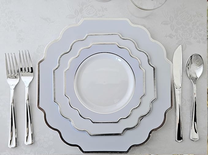 " OCCASIONS " 120 Plates Pack,(60 Guests) Heavyweight Premium Wedding Party Disposable Plastic Plates Set -60 x 10.5'' Dinner + 60 x 8'' Salad/Dessert (Imperial in White/Blue & Silver)
