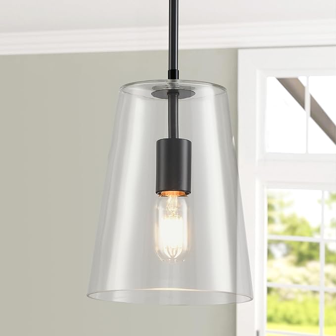 Black Big Pendant Lights Kitchen Island - Clear Glass Pendant Light Fixture Multiple Stems Rods 3 Units 12 Inch 3 Units 4 Inch (2 Pack Black Downrod Pendant with 7.5in W 9.5in H Shade)