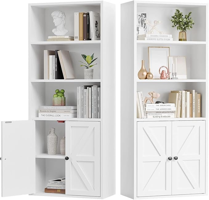 5 Tier Bookshelves and Bookcase with Doors Industrial Set of 2 Double Wide Floor Standing Book Shelf 59" Tall Display Shelves Bookshelf with Storage Cabinets for Living Room, White