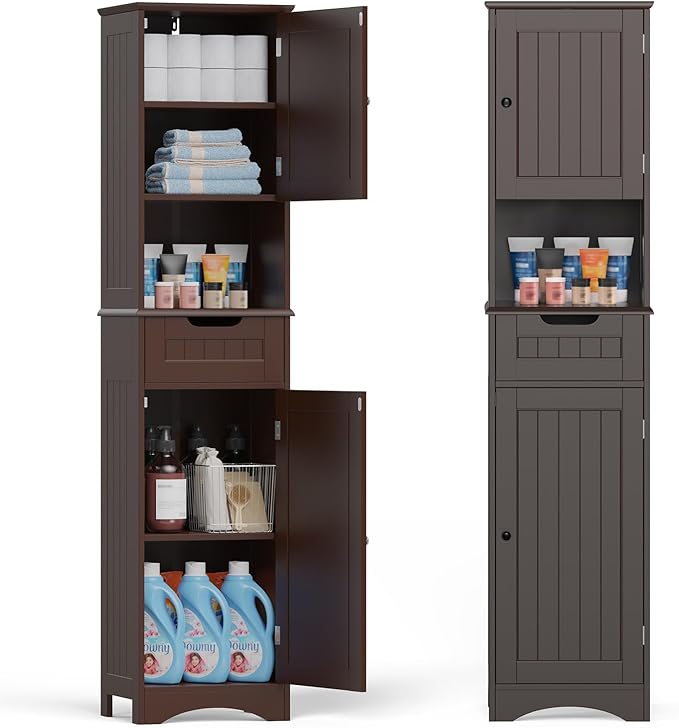 Gizoon 67" H Tall Bathroom Cabinet, Storage Cabinet with 2 Doors & Drawer, Narrow Linen Tower Freestanding Adjustable Shelves for Home, Kitchen, Versatile, Anti-Tipping, Dark Brown