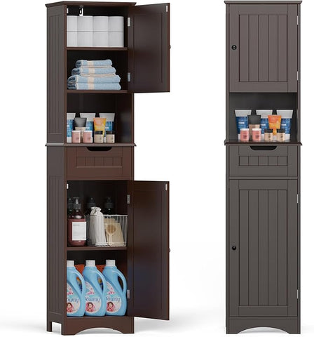 Gizoon 67" H Tall Bathroom Cabinet, Storage Cabinet with 2 Doors & Drawer, Narrow Linen Tower Freestanding Adjustable Shelves for Home, Kitchen, Versatile, Anti-Tipping, Dark Brown