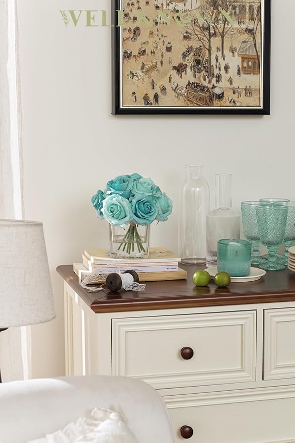 WELL KNOWN Rose Artificial Flowers in Vase with Faux Water, Silk Rose Table Centerpieces for Home Coffee Table Decor, Fake Roses Flower Arrangements for Office Hotel Lavatory Decor (Light Teal Blue)