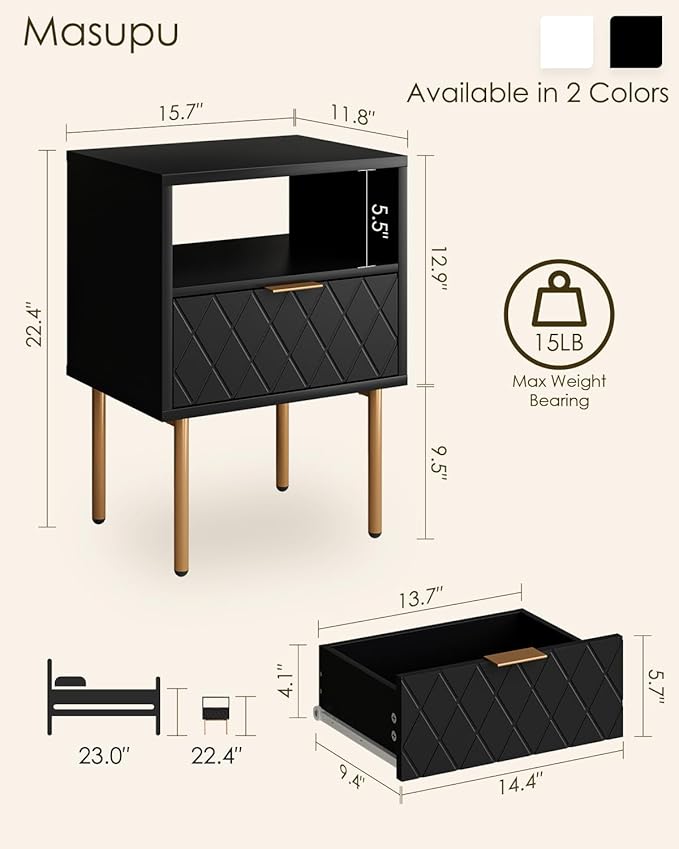 Nightstand,Morden Bedside Table with Gold Frame,Small White Night Stand,End Table,Bedside Furniture,Side Table with Drawer and Shelf for Bedroom,Living Room (1Drawer, Black-Square)