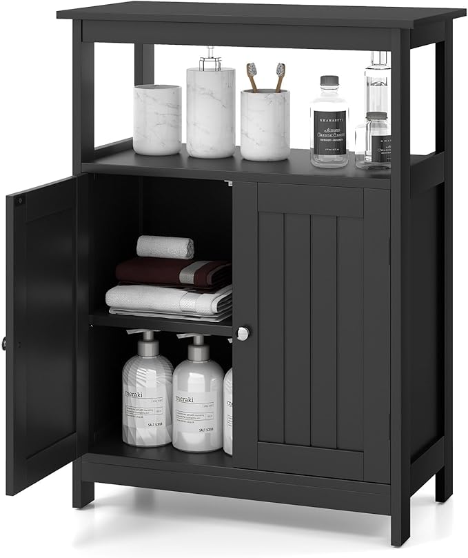 Tangkula Bathroom Storage Cabinet, Freestanding Floor Organizer with 2 Doors & 1 Adjustable Shelf, Modern Home Bathroom Furniture for Living Room Entryway Kitchen (Cabinet, Black)