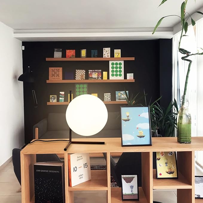 BOKT Modern Mid Century Matte Black Globe Table Lamp Post Modern Mini White Glass Desk Lamp Industrial Farmhouse Nightstand Bedside Lamp Lighting Fixture