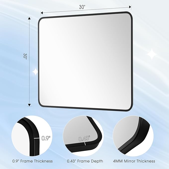 30x30 Inch Rectangle Bathroom Mirror with Black Metal Frame, Rounded Corner Rectangular Vanity Mirror for Wall, Modern Large for Bedroom, Living Room, Horizontal or Vertical