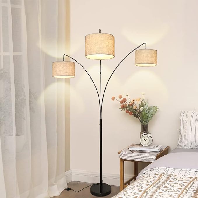 DLLT 3-Light Arc Floor Lamp, Modern LED Floor Lamp with Hanging Lampshades, 79 Inches Tall Standing Lamp with 3-Way Switch for Living Room Bedroom Reading Office Lighting, E26 Base, 9W Bulbs Included