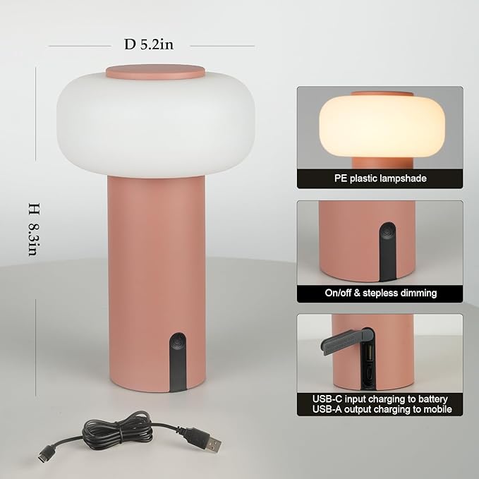 Shower Lamp Waterproof, Outdoor Cordless Table Lamp Rechargeable, Portable Battery Operated Light, Touch Dimmable Night Light for Bedroom/Patio/Dinning/Camping (Pink)