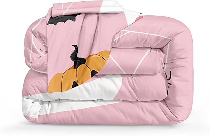 Pumpkin Ghost Comforter Set Girls Pink Halloween Bedding Set Orange Pumpkin White Ghost Bat Spider Cute Cartoon Bedding Kids Teens Happy Halloween Bed Set King Size