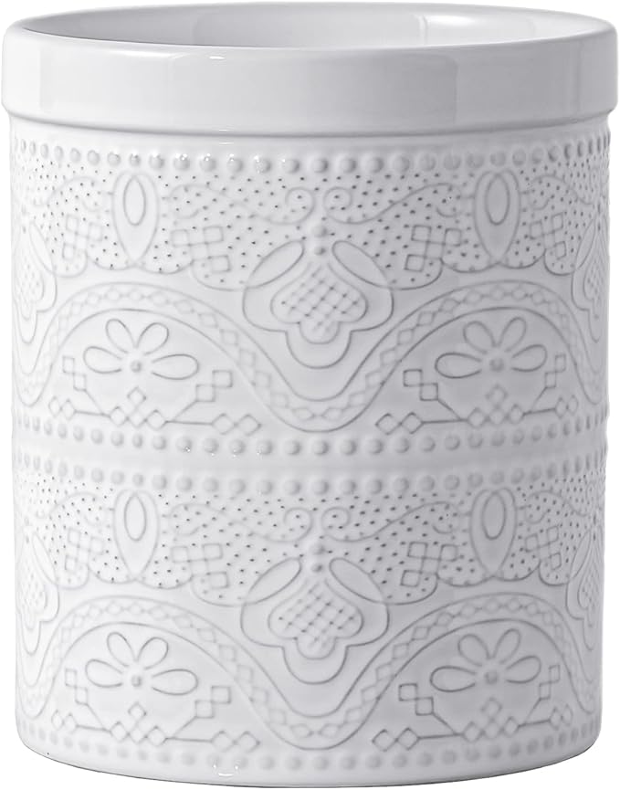 FUN ELEMENTS Kitchen Utensil Holder, 7.2" Super Large Utensil Crock Heavy and Stable Lace Emboss Ceramic Utensil Holder for Kitchen Counter (Bright White)