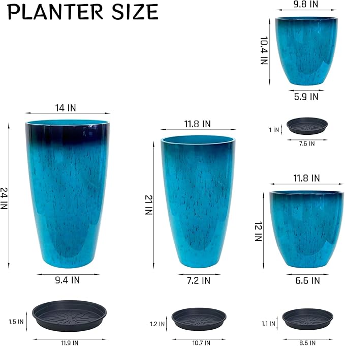 ZMTECH 24/21/12/10" H Large Plastic Planters with Drainage Hole & Saucer, Set of 4 Tall Plant Pots for Indoor/Outdoor Use, Gradient Blue Glossy Smooth Flower Pot for Front Porch Patio Garden