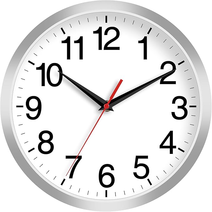 14 Inch Wall Clock Modern Battery Operated Silent Non Ticking Analog Clock Decorative for Bedroom Kitchen Bathroom Office Home Living Room (Silver)