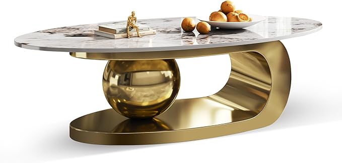 Modern Oval Marble Coffee Table, 51.2" Gold Coffee Table with Sintered Stone Top & Geometric Stainless Steel Base, Luxury Oval Tea Center Tables for Living Room