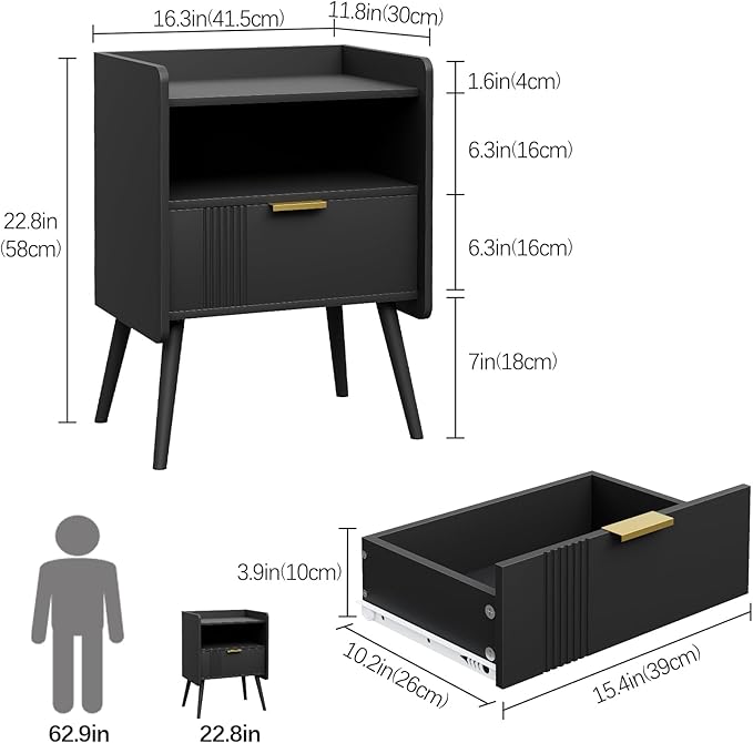 Night Stand Modern End Table with Storage Drawer and Open Shelf, Small Bedside Stand, Wooden Sofa Side Table for Bedroom,Study Room and Small Spaces (Black)