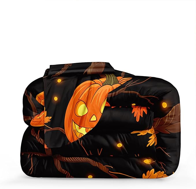 Black Pumpkin Bedding Happy Halloween Comforter Set Orange Pumpkin Lantern Spooky Ghost Festival Theme Black Halloween Bedding Set Queen Size