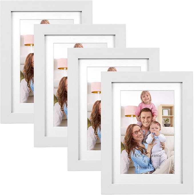 Giftgarden 4x6 Picture Frame Set of 4 White Wood Grain Frames for 4x6 Photos with Mat or 5x7 Without Mat, Wall or Tabletop Display
