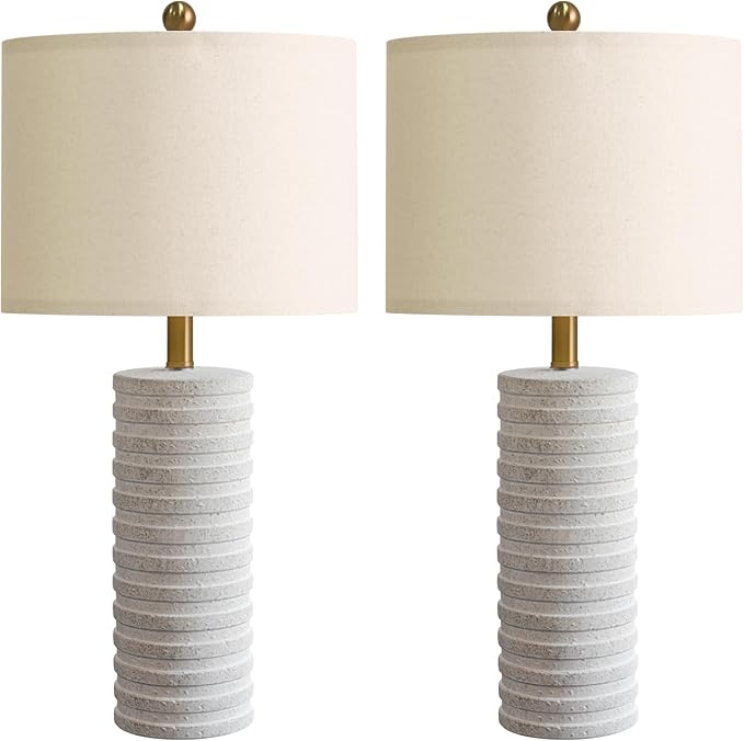 PoKat 27" Farmhouse Ceramic Table Lamps Set of 2 for Bedroom, Stone-Like Rustic Nightstands Lamps for Night Stands, Distressed Neutral Bedside Lamps with Natural Textured for Living Room, Home Decor
