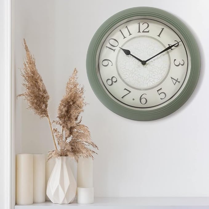 Presentime & Co. 12.6" Illuminated Farmhouse Wall Clock, Silent Battery Operated Night Light Wall Clock with Smart LED Sensor for Living Room, Bathroom, Kitchen, Home Office, Sage Green