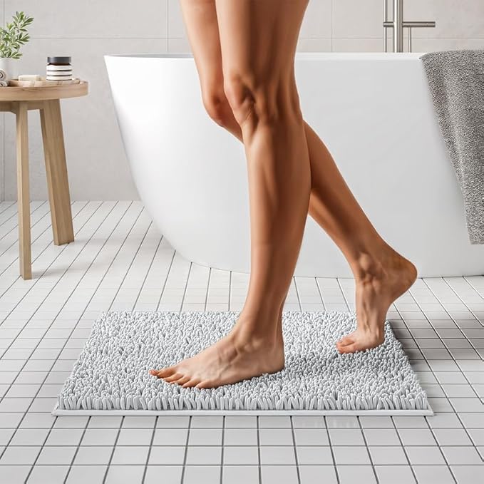 MAYSHINE Plush Shaggy Chenille Bath Mat | Extra Soft, Super Absorbent, Non-Slip Bathroom Rug | Fluffy Microfiber, Area Rug Sets for Bathroom Floor, Kitchen, Living Room | 24"x17" | White