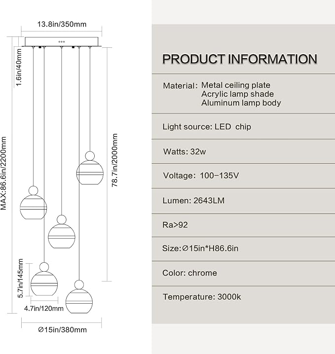 5 Lights Modern Pendant Lighting Chrome Globe Hanging Ceiling Pendant Light Fixtures Cluster LED Dimmable Pendant Lights Kitchen Island for Dining Room Living Room Bedroom Foyer Stairs