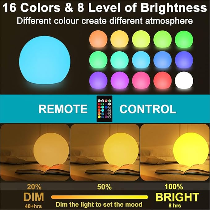 10-in Glowing LED Ball Light, Dimmable 16 RGB Color 4 Mode Glowing Orb Lights w/Remote, Rechargeable Light Up Ball Orb Lamp, Waterproof Outdoor Globe Lights Mood Lamp for Home Garden Party Path Decor