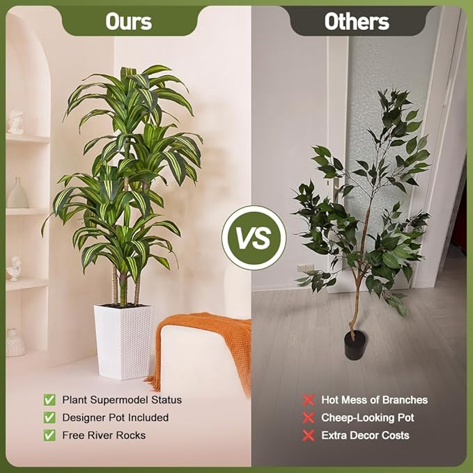 Artificial Dracaena Tree 6FT - UV Resistant Faux Tree with Large Taper Planter & Pebbles - Tall Fake Plants Indoor & Outdoor, Potted Floor Plant for Home Living Room Porch Decor, VN127