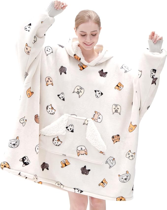 Touchat Wearable Blanket Hoodie, Oversized Sherpa Blanket Sweatshirt for Women with Hood Pocket and Sleeves, Super Soft Warm Plush Hooded Blanket for Adult One Size Fits All (Animal)