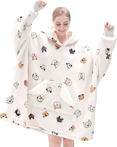 Touchat Wearable Blanket Hoodie, Oversized Sherpa Blanket Sweatshirt for Women with Hood Pocket and Sleeves, Super Soft Warm Plush Hooded Blanket for Adult One Size Fits All (Animal)