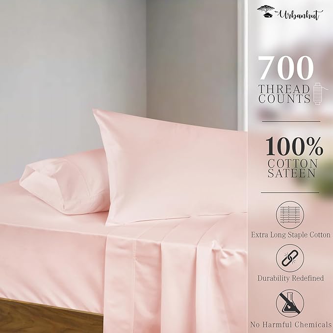 URBANHUT 700 Thread Count Full Size Egyptian Cotton Sheets, 4Pc Sheet Set Soft Luxury Bed Sheets for Full Size Bed, Sateen Weave Hotel Sheets, 14'' Elasticized Deep Pocket - Blush Pink