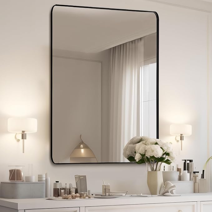 Mirrorons Black Bathroom Mirror 36 x 24 Inch, Black Wall Mirror, Matte Black Bathroom Vanity Mirror with Rounded Corner, Shatterproof (Horizontal/Vertical)
