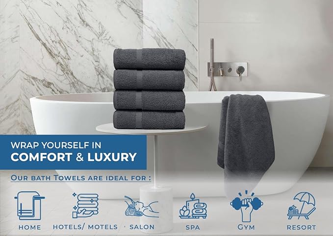 DAN RIVER Bath Towels Set of 4, 27 x 54 Inches, 100% Cotton, Larger & Lighter Weight, Quicker to Dry, Super Soft and Absorbent, Ideal Cotton Bath Towels for Daily Use, Charcoal
